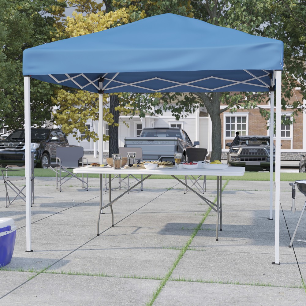 Flash Furniture 8ftx8ft Pop Up Event Canopy Tent with Carry Bag and 6-Foot Bi-Fold Folding Table with Carrying Handle - Tailgate Tent Set, Blue MPN:JJGZ88183ZBL
