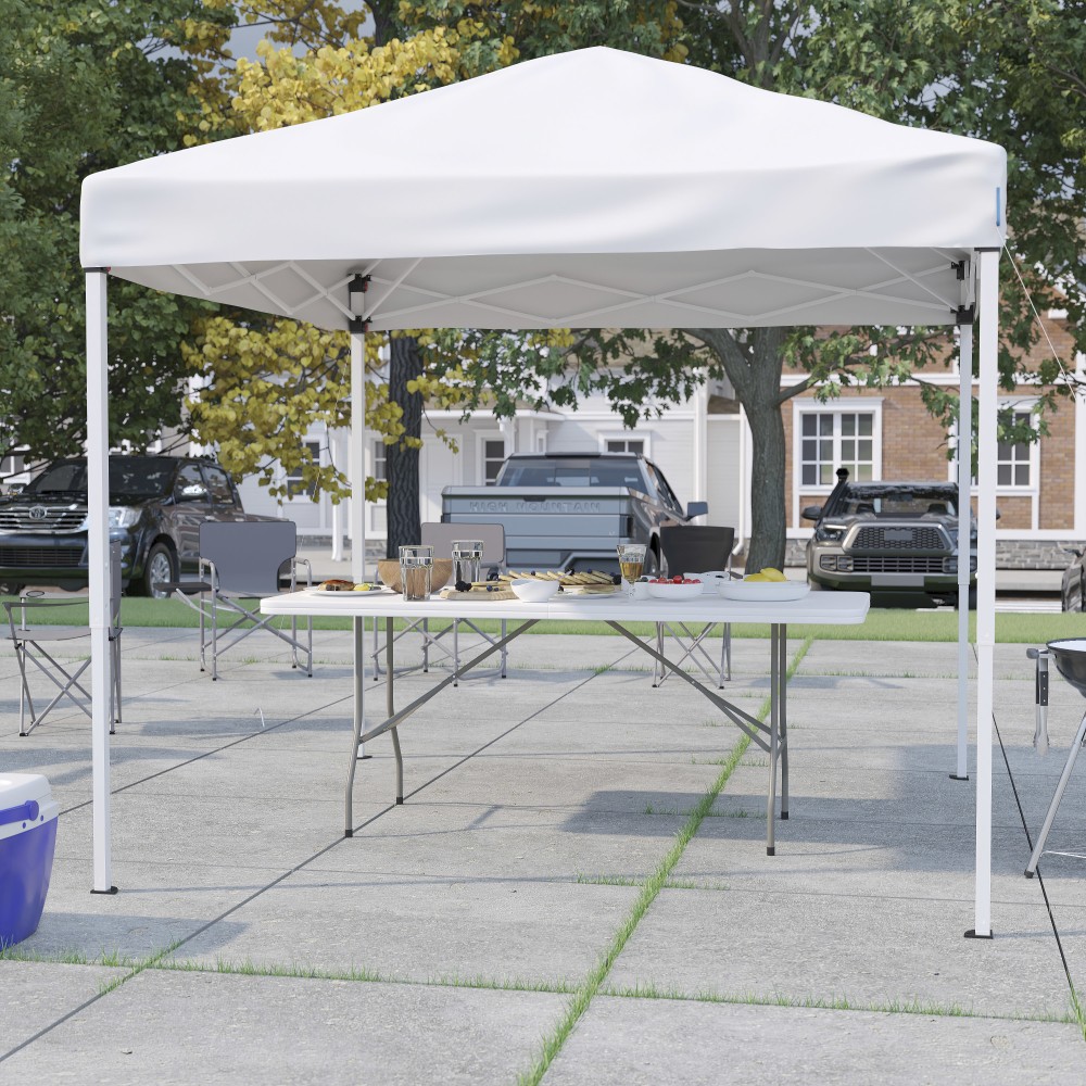 Flash Furniture 8ftx8ft Pop Up Event Canopy Tent with Carry Bag and 6-Foot Bi-Fold Folding Table with Carrying Handle - Tailgate Tent Set, White MPN:JJGZ88183ZWH