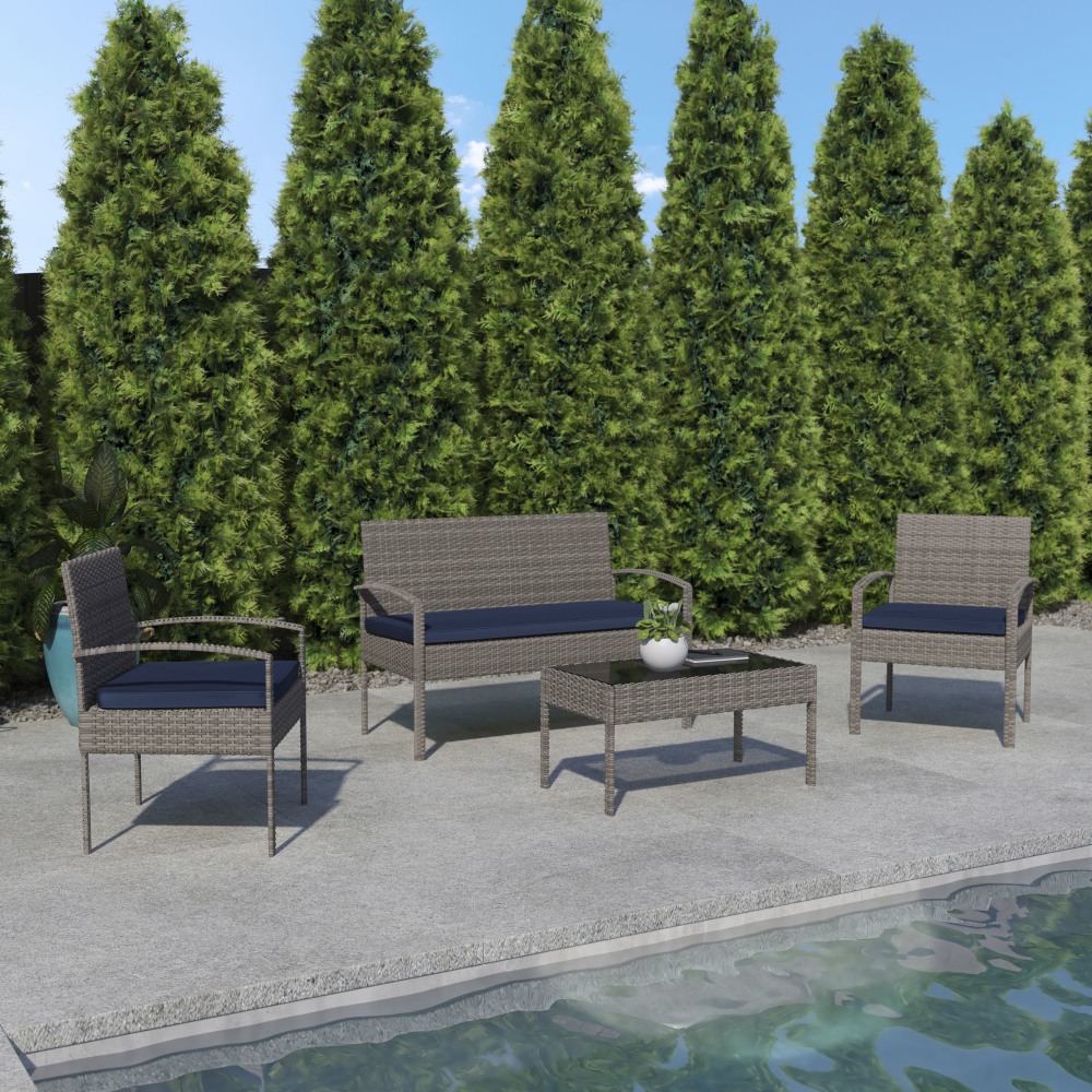 Flash Furniture Aransas Series Steel 4-Piece Patio Set, Navy/Light Gray MPN:JJS312GYNV
