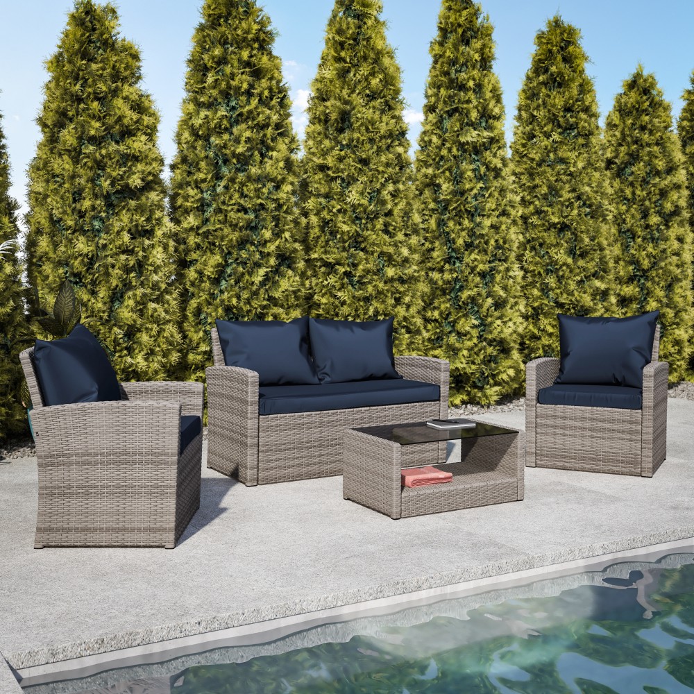 Flash Furniture Aransas Series 4-Piece Patio Set, Navy/Light Gray MPN:JJS351GYNV