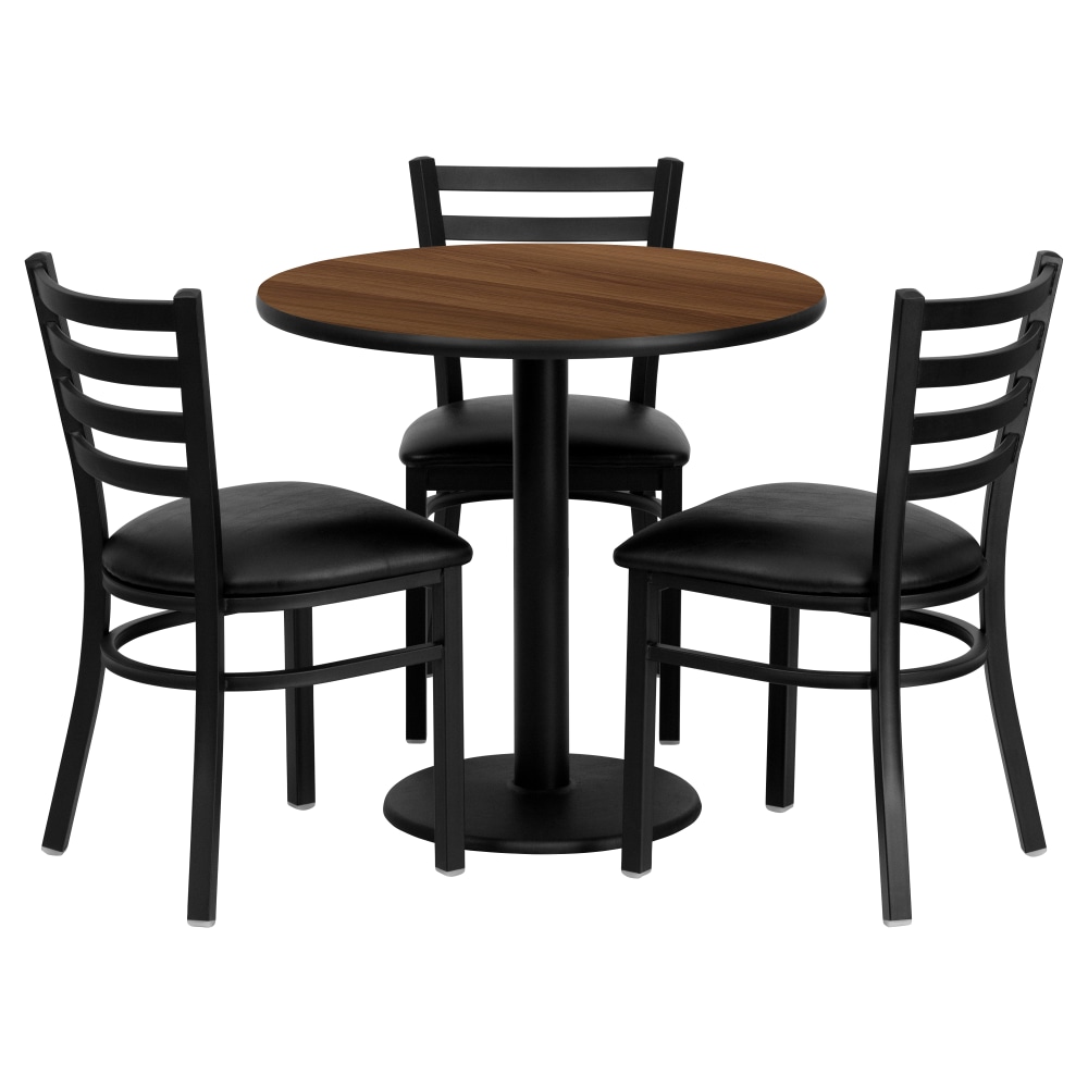 Flash Furniture Round Laminate Table Set With 3 Ladder-Back Metal Chairs, 30inH x 30inW x 30inD, Walnut MPN:MD0002