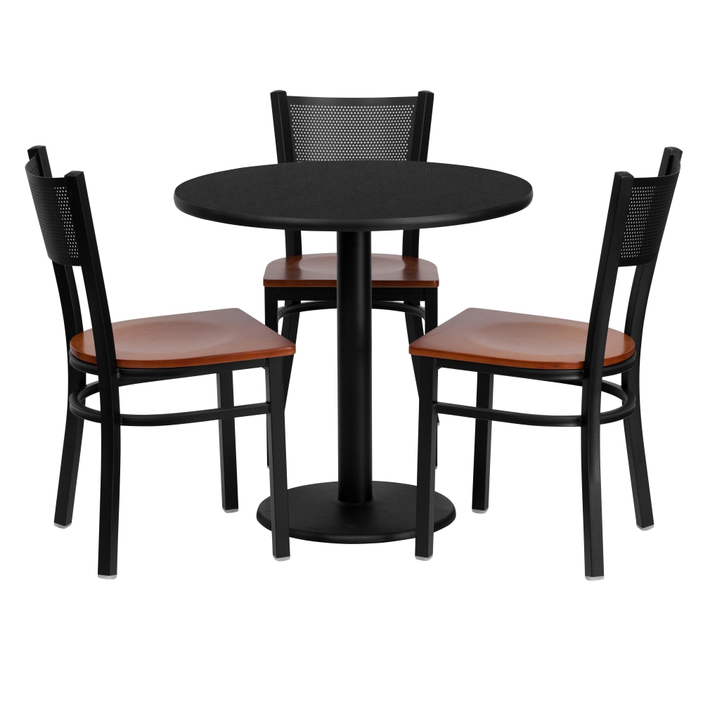 Flash Furniture Round Laminate Table Set With 3 Grid-Back Metal Chairs, 30inH x 30inW x 30inD, Black MPN:MD0007