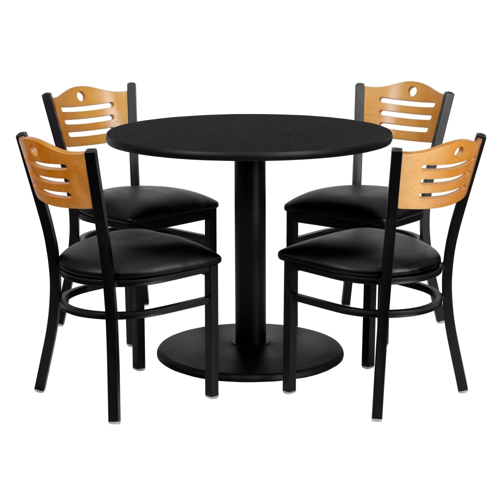 Flash Furniture Round Laminate Table Set With 4 Wood Slat-Back Metal Chairs, 30inH x 36inW x 36inD, Black MPN:MD0009