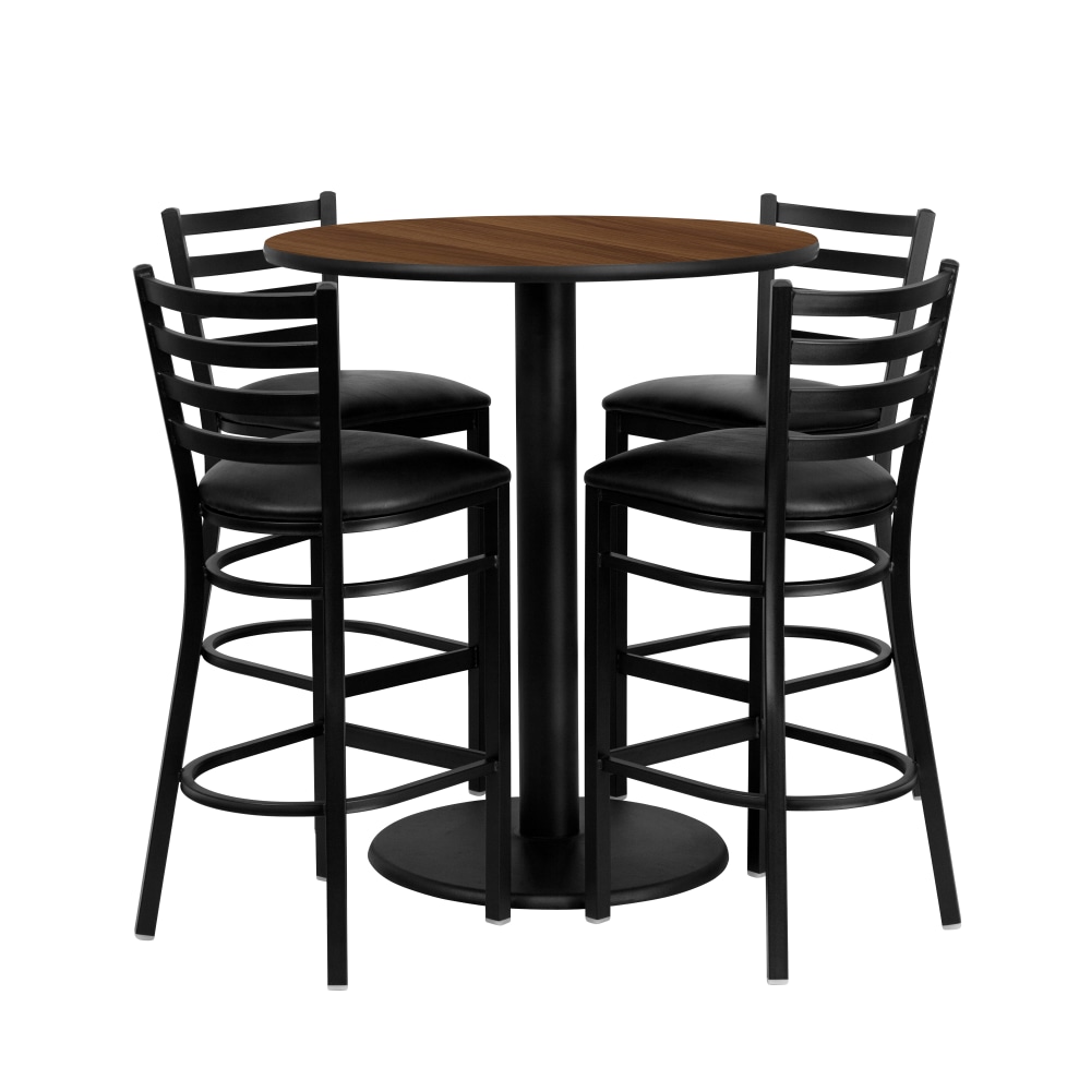 Flash Furniture Round Laminate Table Set With 4 Ladder-Back Metal Barstools, 42inH x 36inW x 36inD, Walnut MPN:MD0011