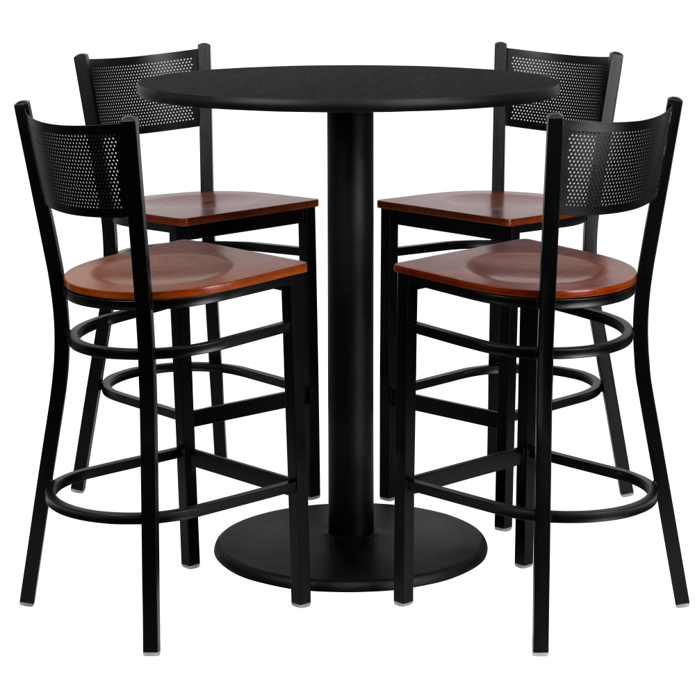 Flash Furniture Round Laminate Table Set With 4 Grid-Back Metal Barstools, 42inH x 36inW x 36inD, Black MPN:MD0018