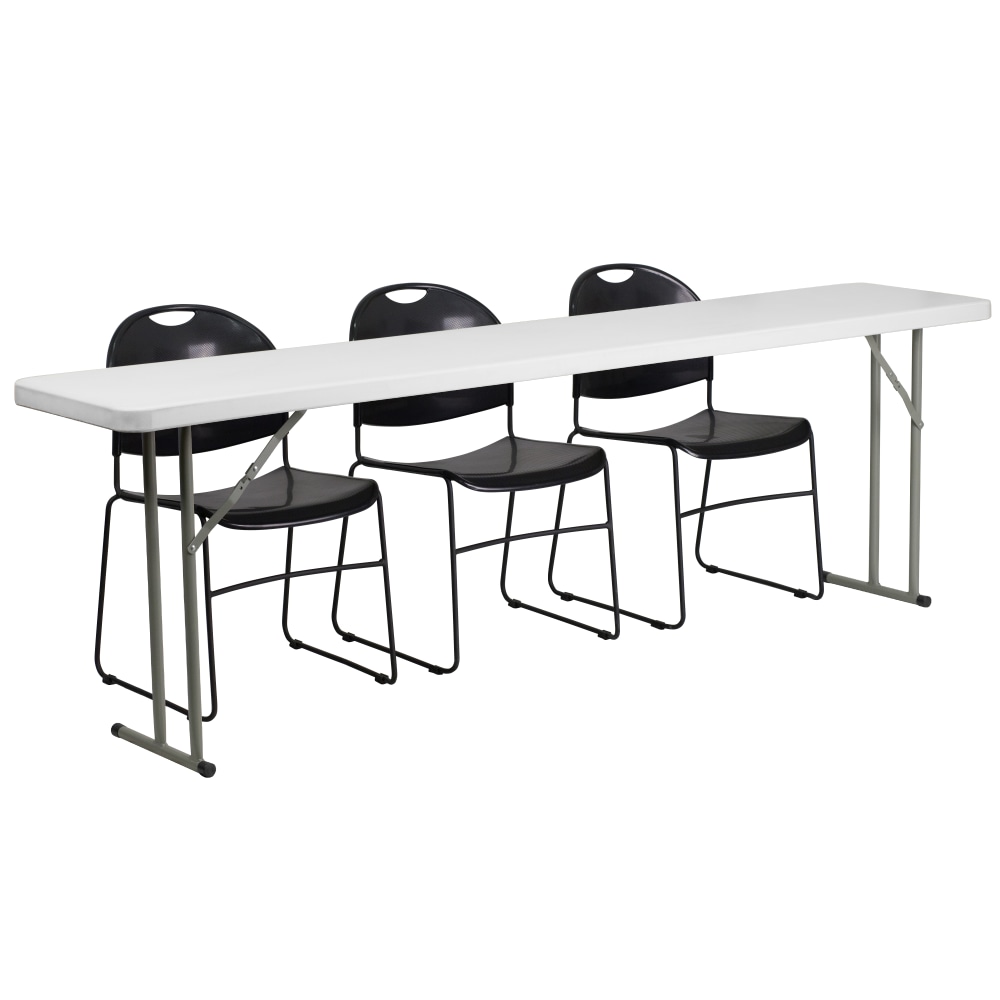 Flash Furniture Plastic Folding Training Table with 3 Plastic Stack Chairs, 29inH x 96inW x 18inD, Black/White MPN:RB18961