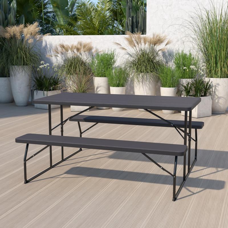 Flash Furniture Insta-Fold Wood-Grain Plastic Folding Picnic Table and Benches, 28-1/4inH x 53-3/4inW x 58-1/4inD, Charcoal MPN:RBEBB1470FD
