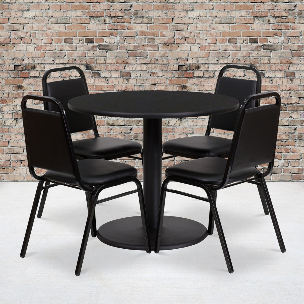 Flash Furniture Round Laminate Table Set With Round Base And 4 Trapezoidal-Back Banquet Chairs, 30inH x 36inW x 36inD, Black MPN:RSRB1001