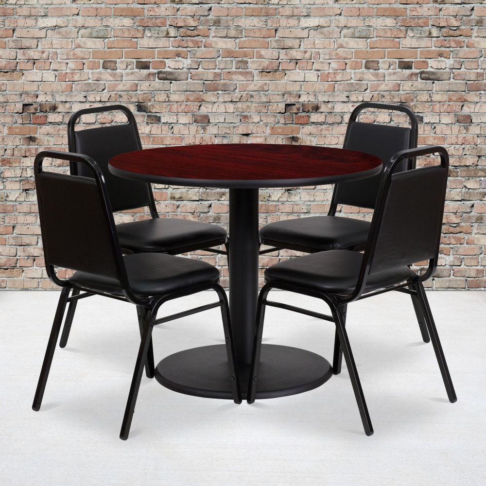 Flash Furniture Round Laminate Table Set With Round Base And 4 Trapezoidal-Back Banquet Chairs, 30inH x 36inW x 36inD, Mahogany/Black MPN:RSRB1002