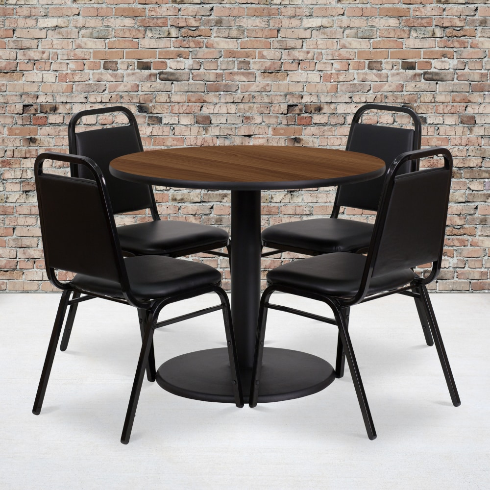 Flash Furniture Round Laminate Table Set With Round Base And 4 Trapezoidal-Back Banquet Chairs, 30inH x 36inW x 36inD, Walnut/Black MPN:RSRB1004