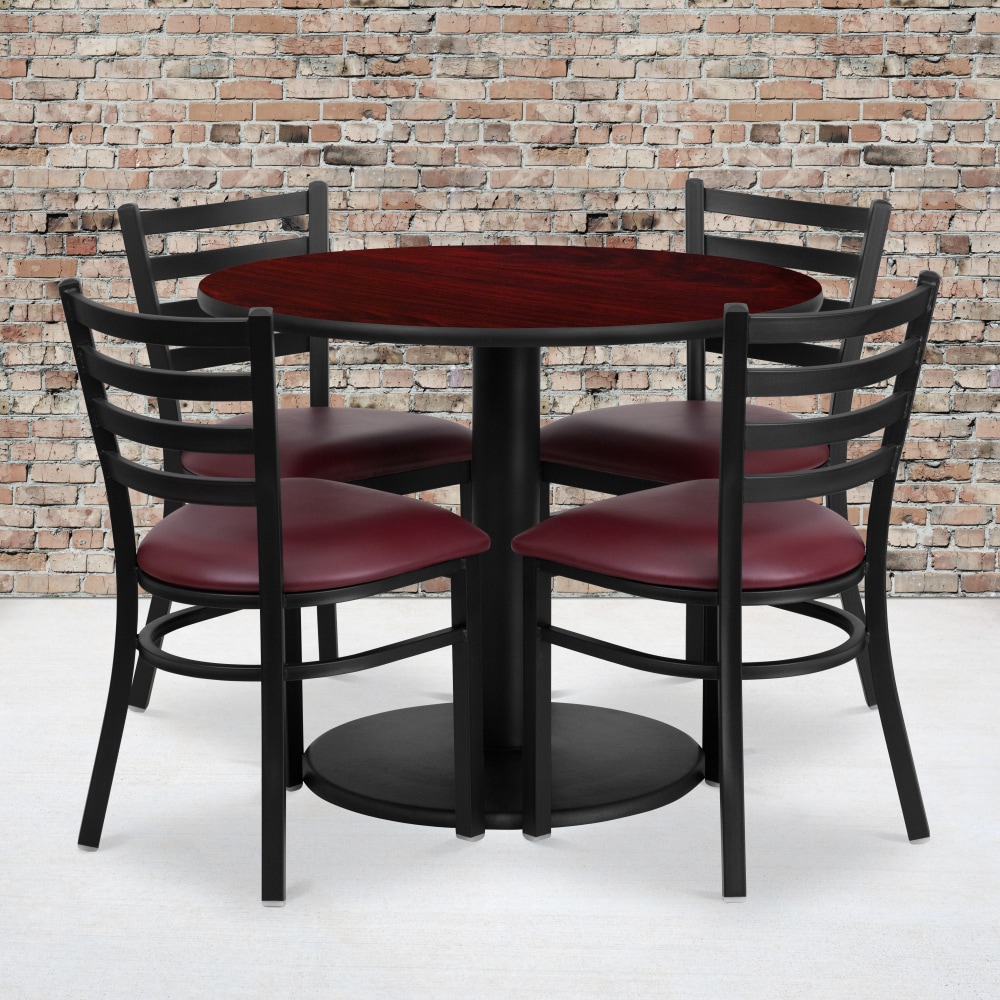 Flash Furniture Round Laminate Table Set With Round Base And 4 Ladder-Back Metal Chairs, 30inH x 36inW x 36inD, Mahogany/Burgundy MPN:RSRB1006
