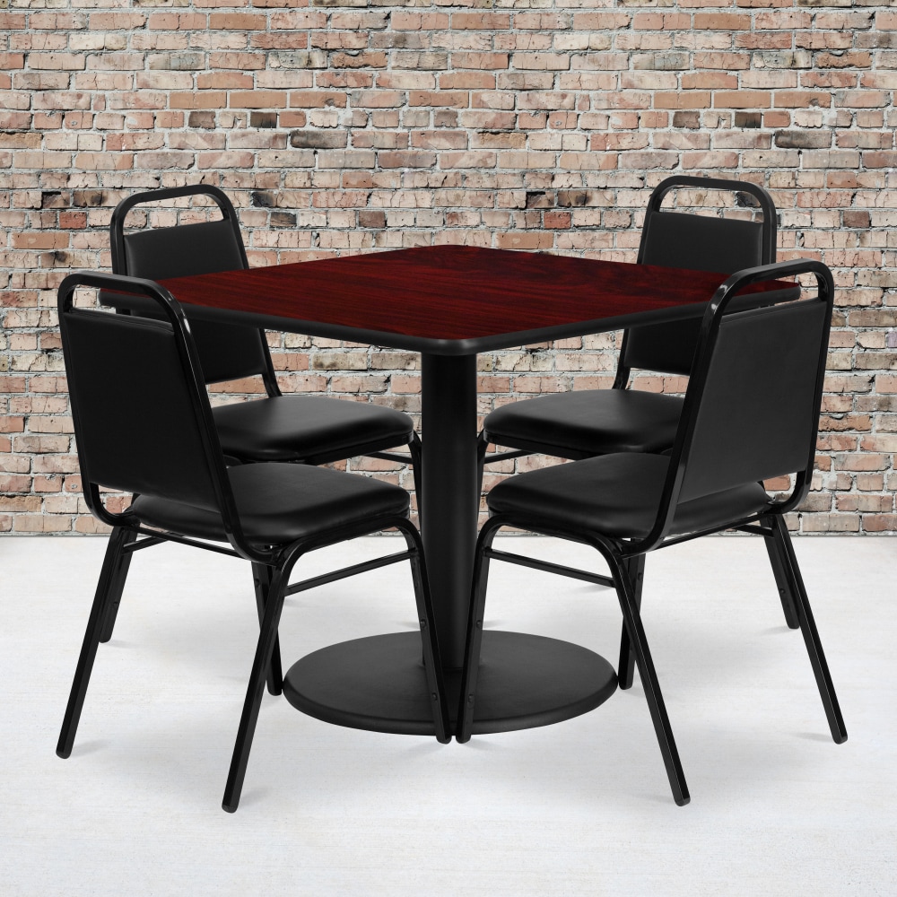 Flash Furniture Square Laminate Table Set With Round Base And 4 Trapezoidal Back Banquet Chairs, 30inH x 36inW x 36inD, Mahogany/Black MPN:RSRB1010
