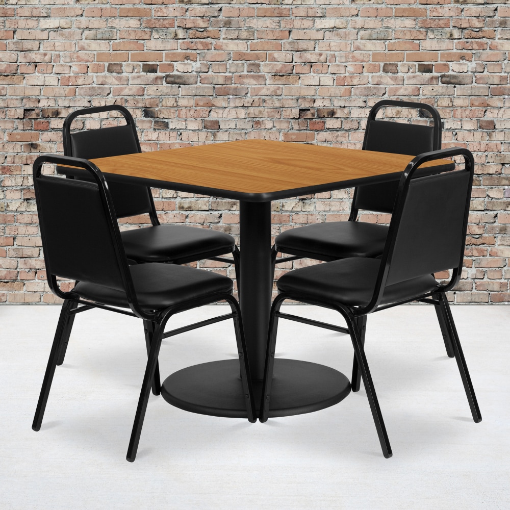 Flash Furniture Square Laminate Table Set With Round Base And 4 Trapezoidal Back Banquet Chairs, 30inH x 36inW x 36inD, Natural/Black MPN:RSRB1011