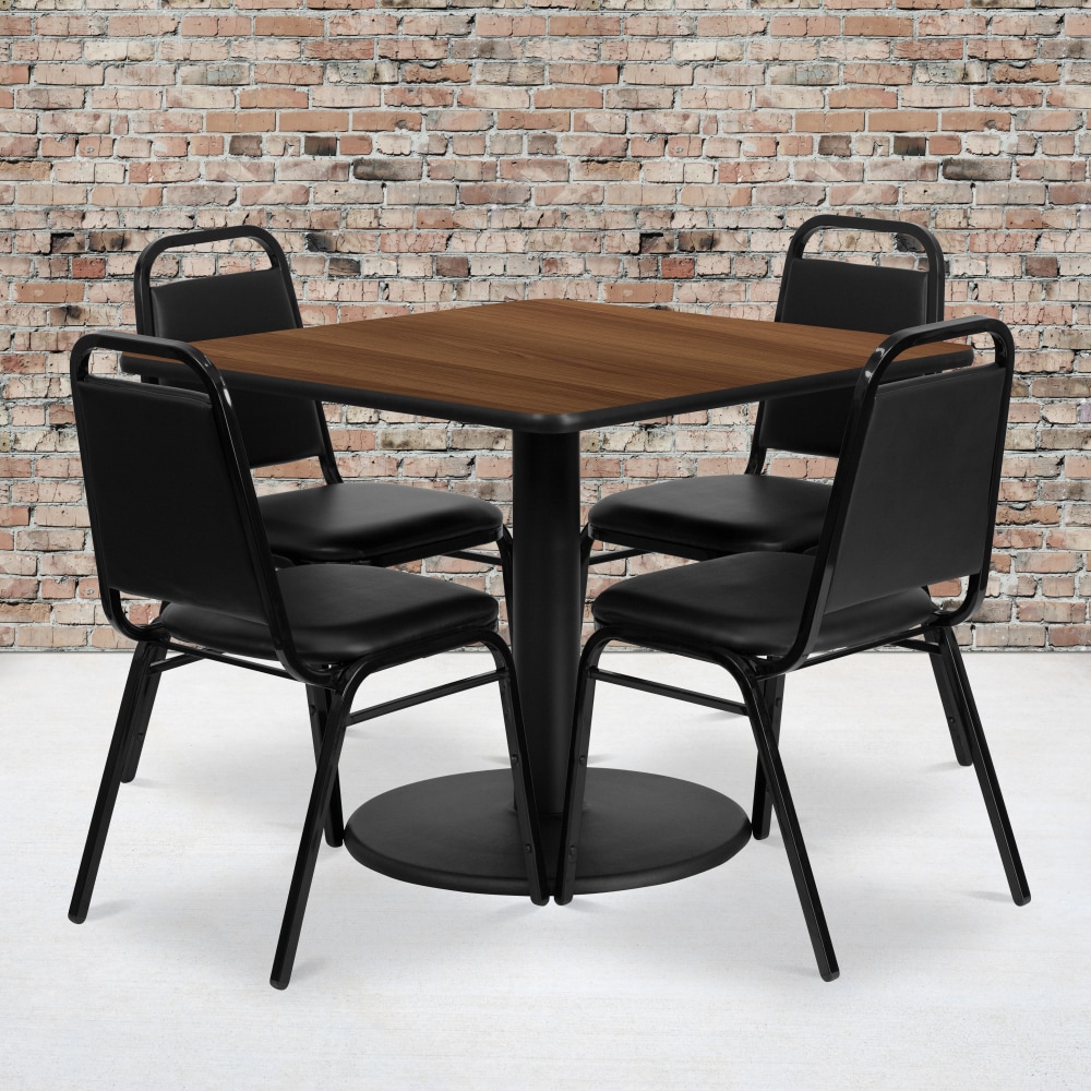 Flash Furniture Square Laminate Table Set With Round Base And 4 Trapezoidal Back Banquet Chairs, 30inH x 36inW x 36inD, Walnut/Black MPN:RSRB1012