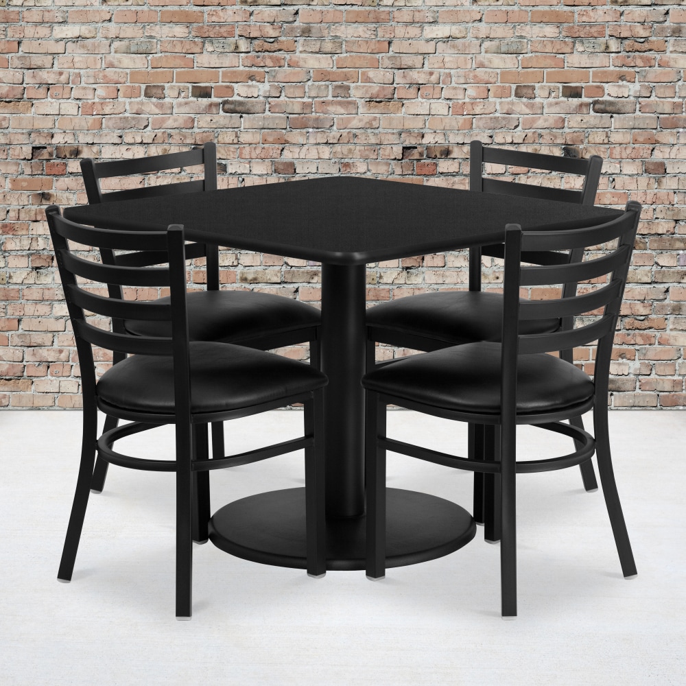 Flash Furniture Square Laminate Table Set With Round Base And 4 Ladder Back Metal Chairs, 30inH x 36inW x 36inD, Black MPN:RSRB1013