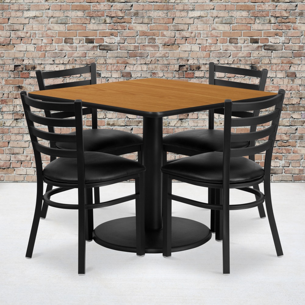 Flash Furniture Square Laminate Table Set With Round Base And 4 Ladder Back Metal Chairs, 30inH x 36inW x 36inD, Natural/Black MPN:RSRB1015