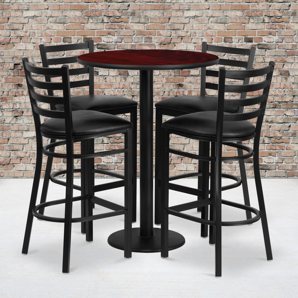 Flash Furniture Round Table And 4 Ladder-Back Bar Stools, 42inH x 30inW x 30inD, Mahogany/Black MPN:RSRB1022