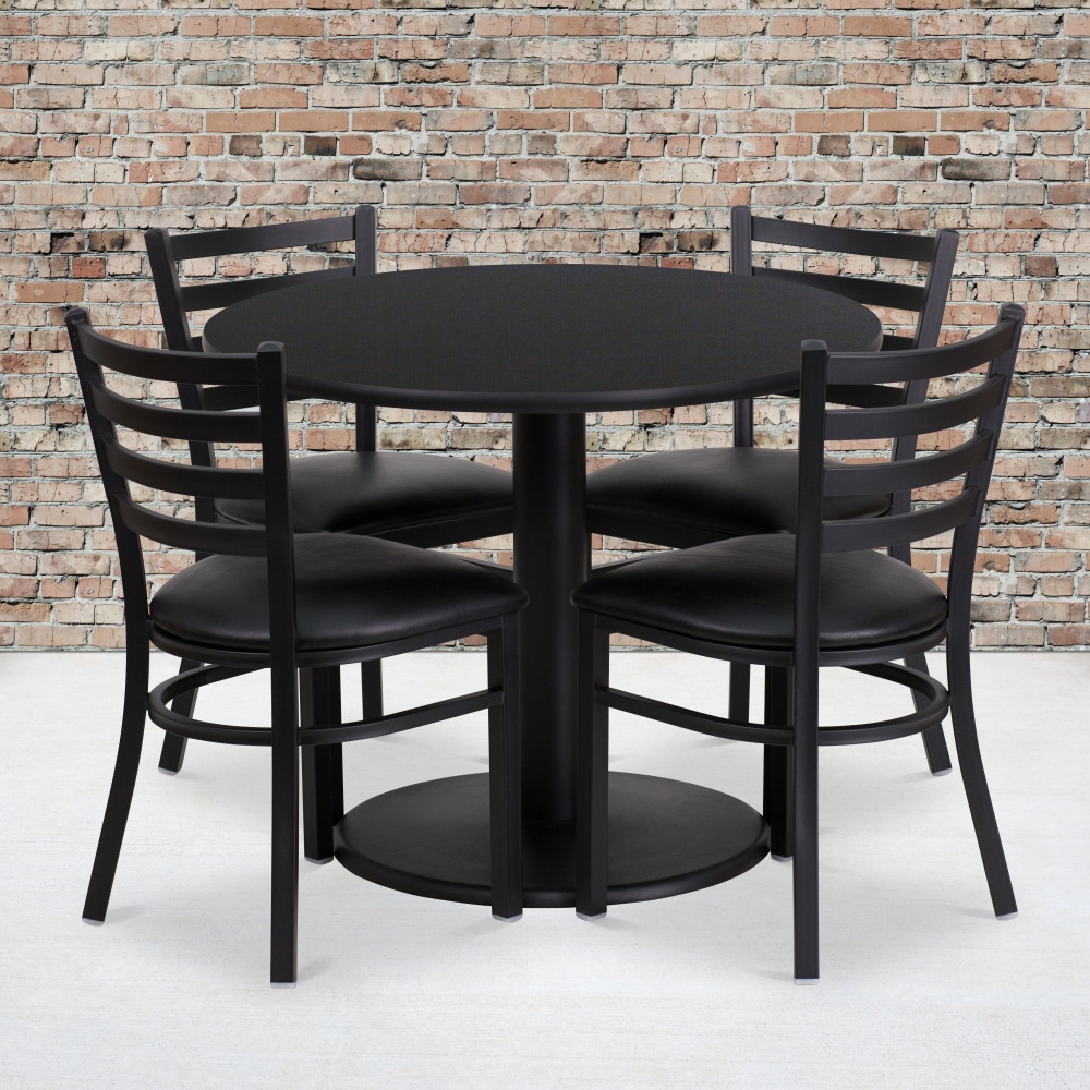 Flash Furniture Round Laminate Table Set With Round Base And 4 Ladder-Back Metal Chairs, 30inH x 36inW x 36inD, Black MPN:RSRB1029