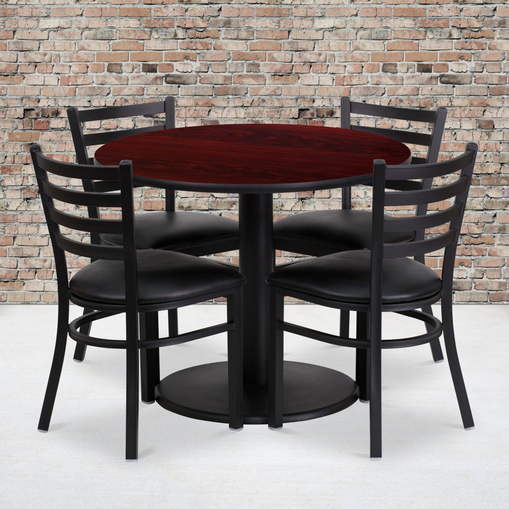 Flash Furniture Round Laminate Table Set With Round Base And 4 Ladder-Back Metal Chairs, 30inH x 36inW x 36inD, Mahogany/Black MPN:RSRB1030
