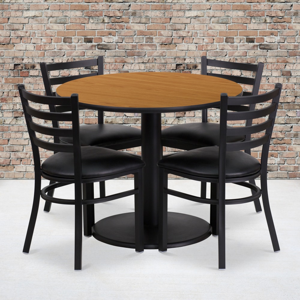 Flash Furniture Round Laminate Table Set With Round Base And 4 Ladder-Back Metal Chairs, 30inH x 36inW x 36inD, Natural/Black MPN:RSRB1031