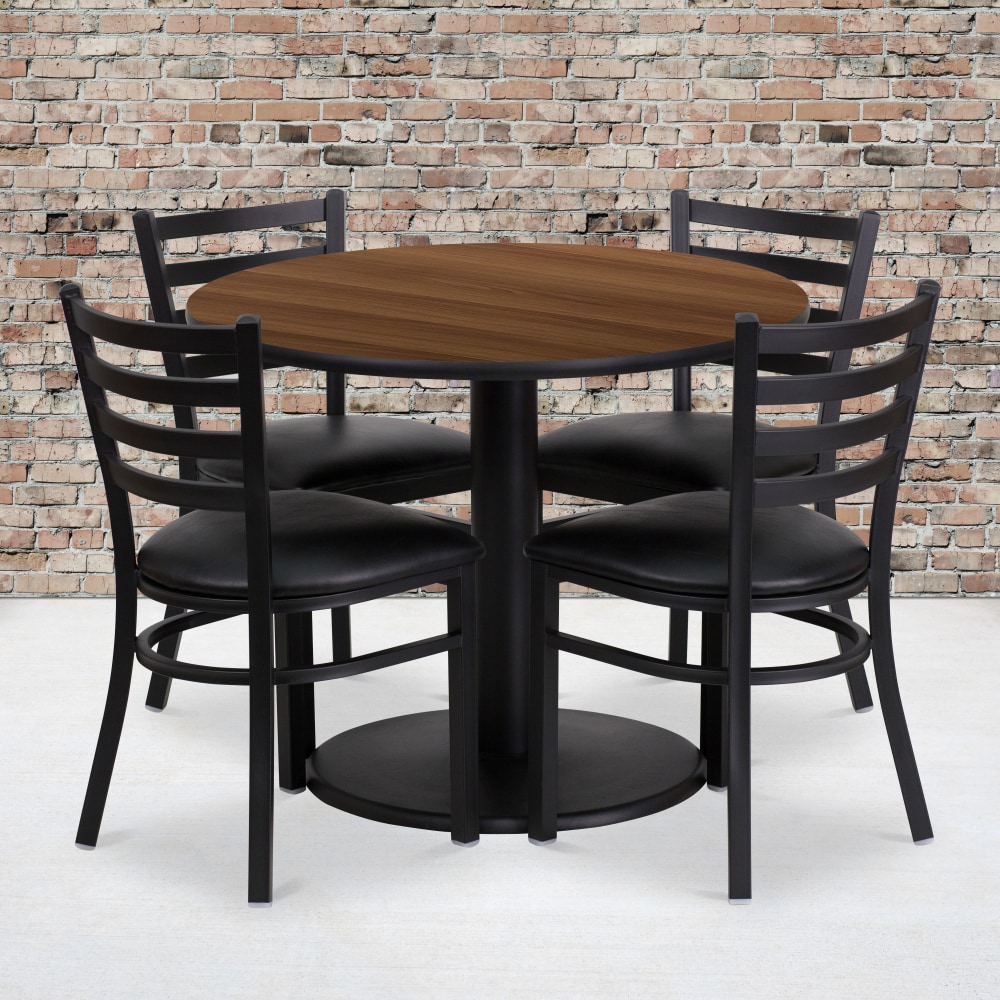 Flash Furniture Round Laminate Table Set With Round Base And 4 Ladder-Back Metal Chairs, 30inH x 36inW x 36inD, Walnut/Black MPN:RSRB1032