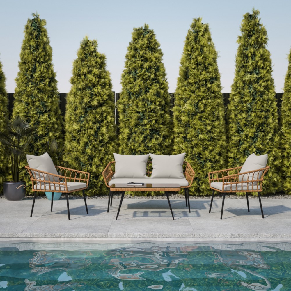 Flash Furniture Evin Boho 4-Piece Indoor/Outdoor Rope Rattan Patio Conversation Set With Tempered Glass Top Coffee Table And Cushions, Gray/Natural MPN:SB1960GY