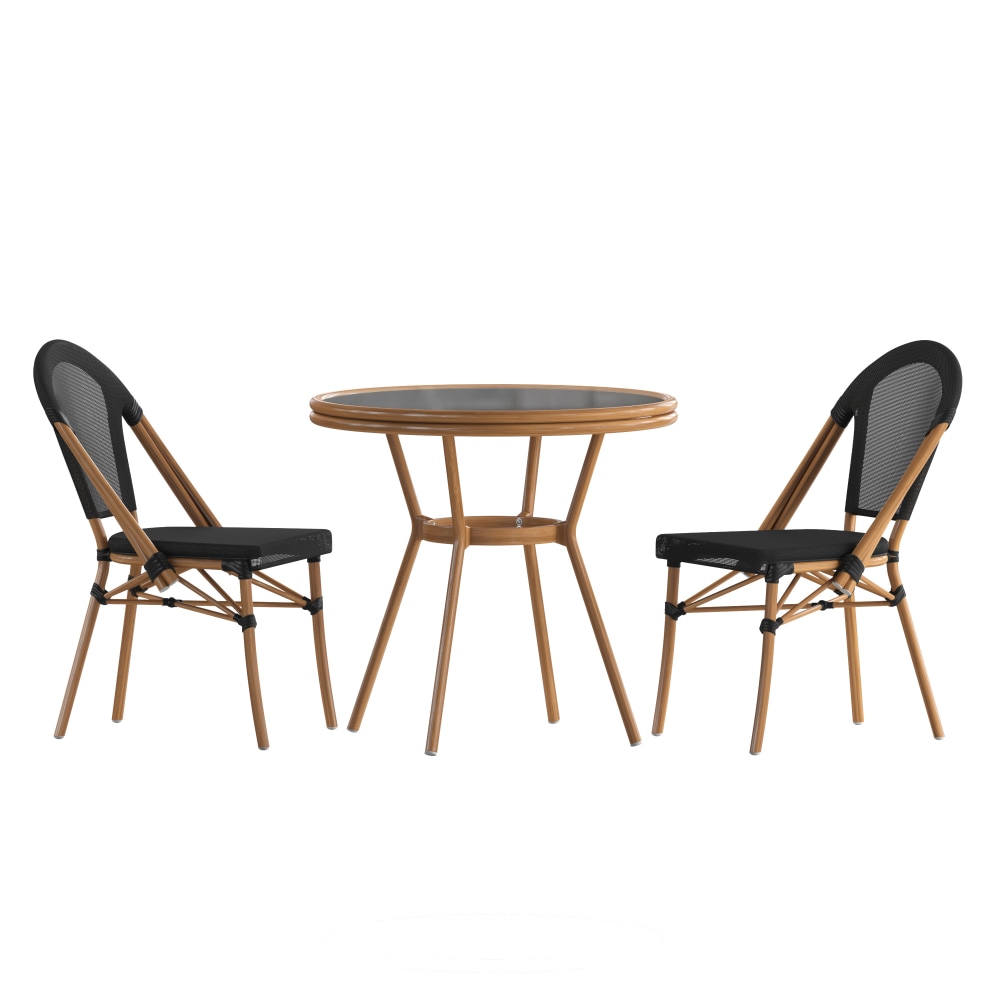 Flash Furniture Marseille Indoor/Outdoor Commercial Bistro 31.5in Table, Textilene, Glass Top with 2 Stack Chairs, Black Textilene/Natural Frame MPN:SDA641802107BKN