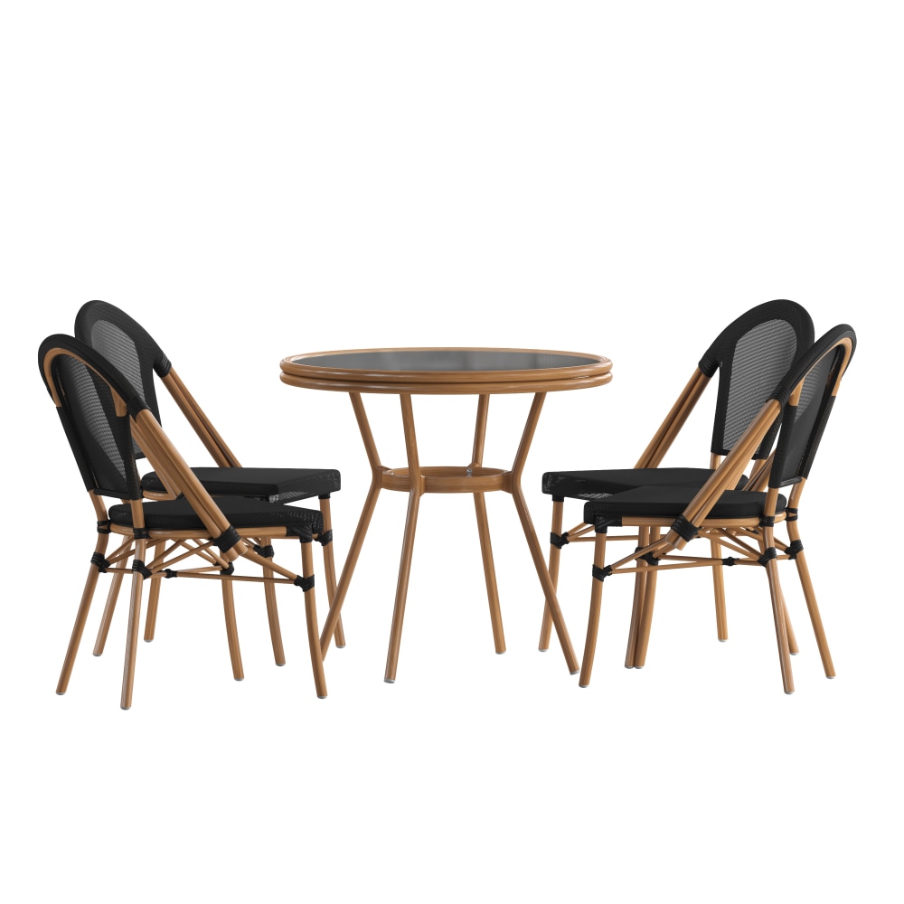 Flash Furniture Marseille Indoor/Outdoor Commercial Bistro 31.5in Table, Textilene, Glass Top with 4 Stack Chairs, Black Textilene/Natural Frame MPN:SDA641804107BKN