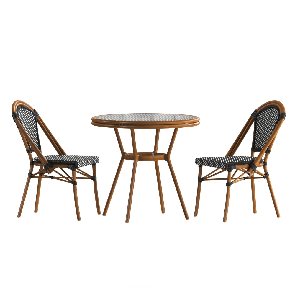 Flash Furniture Bordeaux Indoor/Outdoor Commercial Bistro 31.5in Table, PE Rattan, Glass Top with 2 Stack Chairs, Black & White Rattan/Natural Frame MPN:SDA642802001BWN
