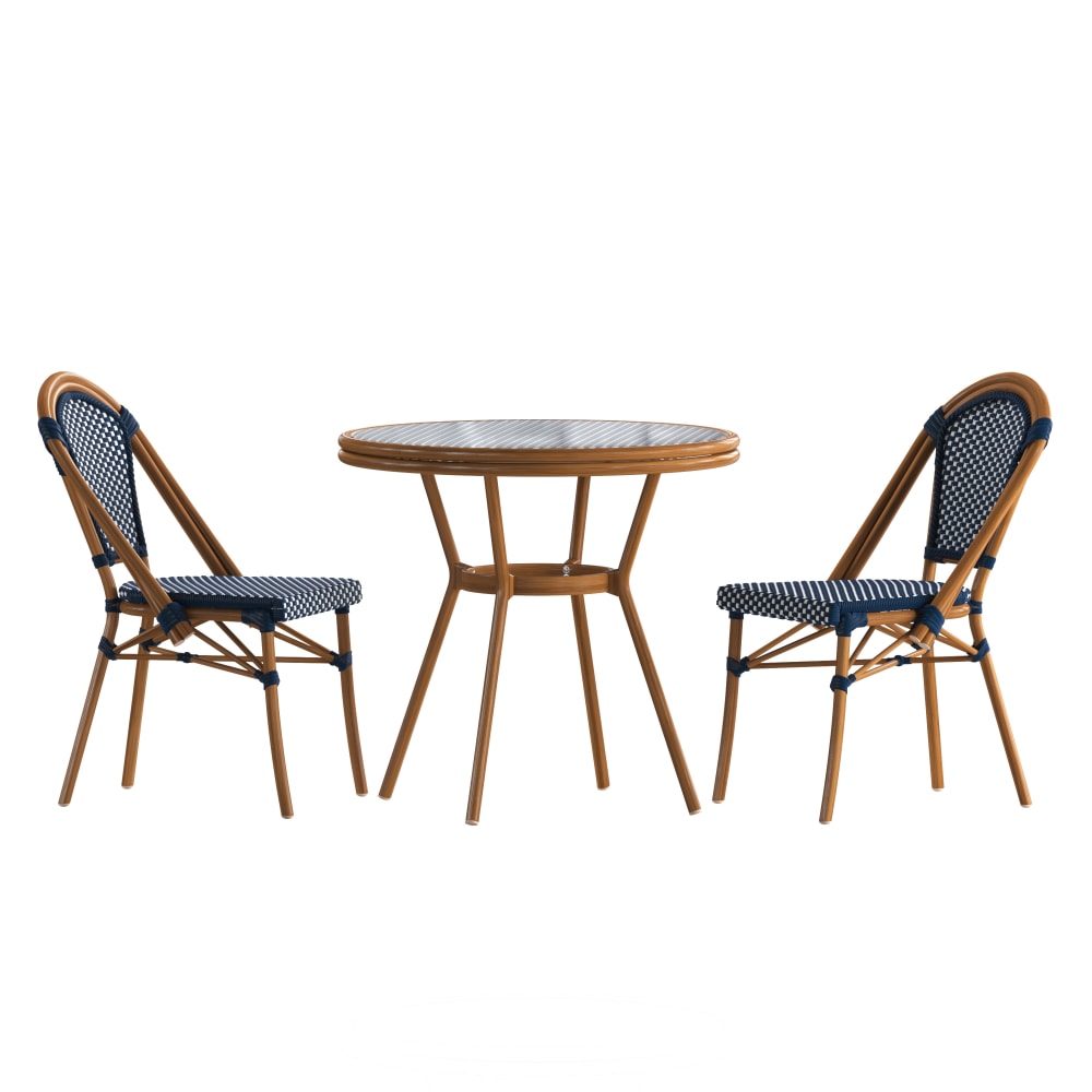 Flash Furniture Bordeaux Indoor/Outdoor Commercial Bistro 31.5in Table, PE Rattan, Glass Top with 2 Stack Chairs, Navy & White Rattan/Natural Frame MPN:SDA642802001NWN