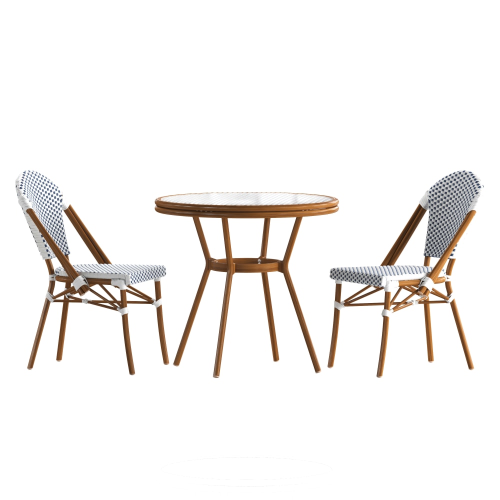 Flash Furniture Lourdes Indoor/Outdoor Commercial Bistro 31.5in Table, PE Rattan, Glass Top with 2 Stack Chairs, White & Navy Rattan/Natural Frame MPN:SDA64280201FWNN