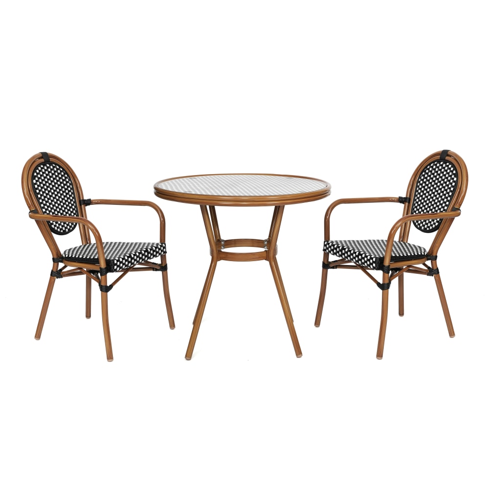 Flash Furniture Lourdes Indoor/Outdoor Commercial Bistro 31.5in Table, 2 Stack Chairs, Black & White Rattan/Natural Frame, SDA64280202ABWN MPN:SDA64280202ABWN