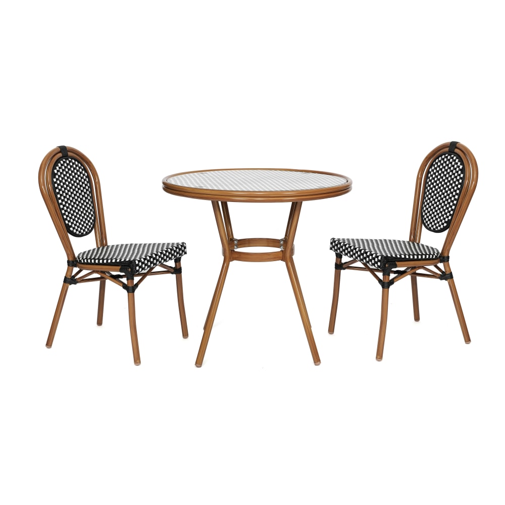 Flash Furniture Lourdes Indoor/Outdoor Commercial Bistro 31.5in Table, 2 Stack Chairs, Black & White Rattan/Natural Frame, SDA64280202SBWN MPN:SDA64280202SBWN
