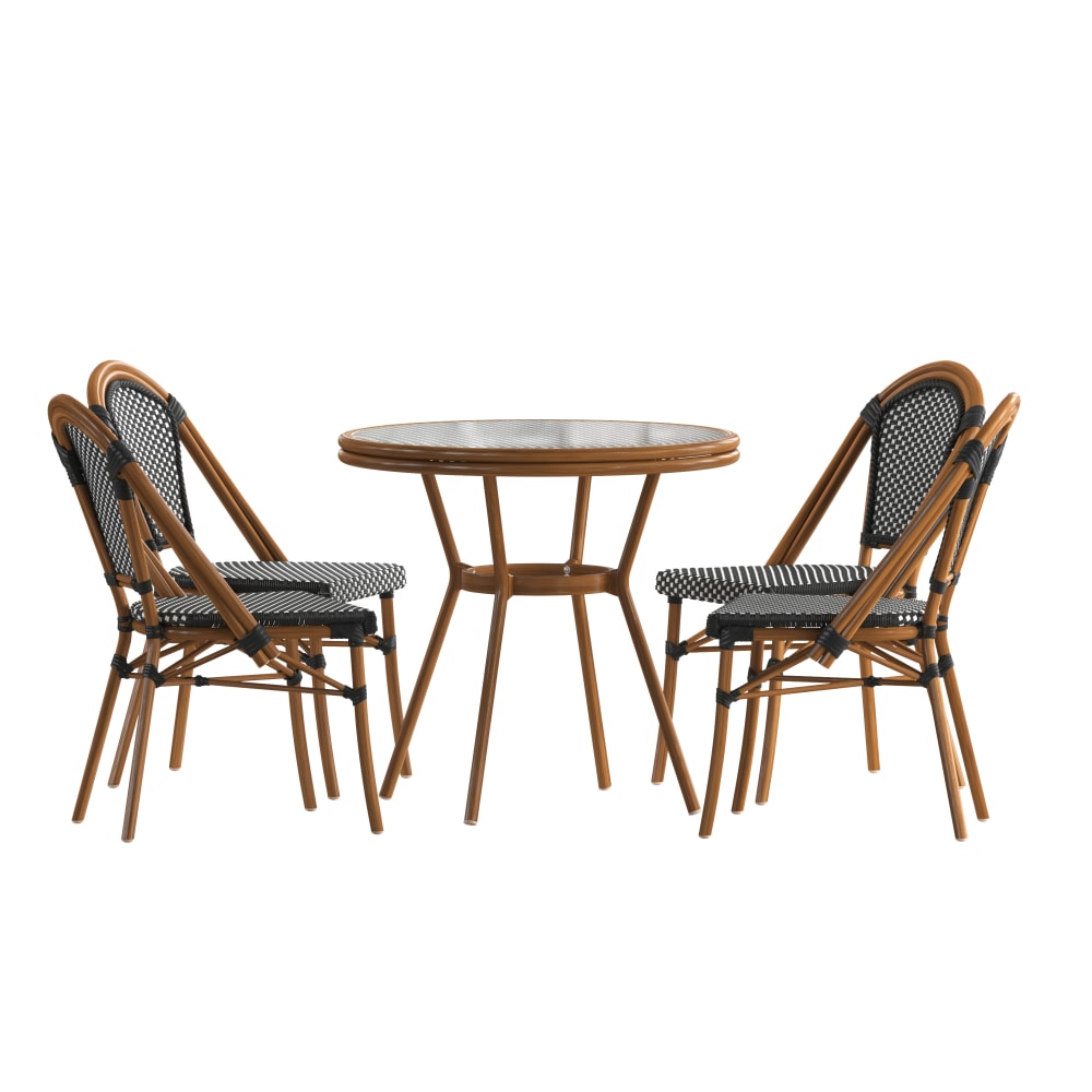 Flash Furniture Bordeaux Indoor/Outdoor Commercial Bistro 31.5in Table, PE Rattan, Glass Top with 4 Stack Chairs, Black & White Rattan/Natural Frame MPN:SDA642804001BWN