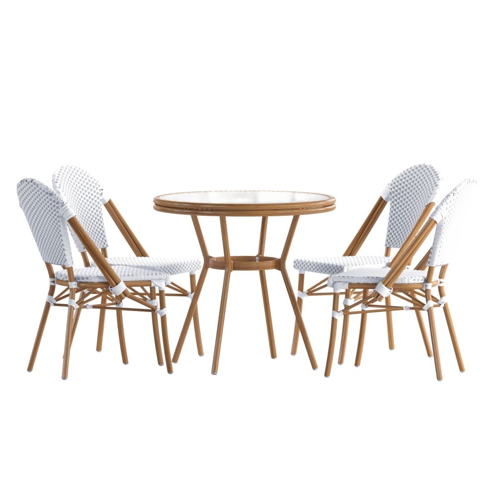 Flash Furniture Lourdes Indoor/Outdoor Commercial Bistro 31.5in Table, PE Rattan, Glass Top with 4 Stack Chairs, White & Gray Rattan/Natural Frame MPN:SDA64280401FWGN