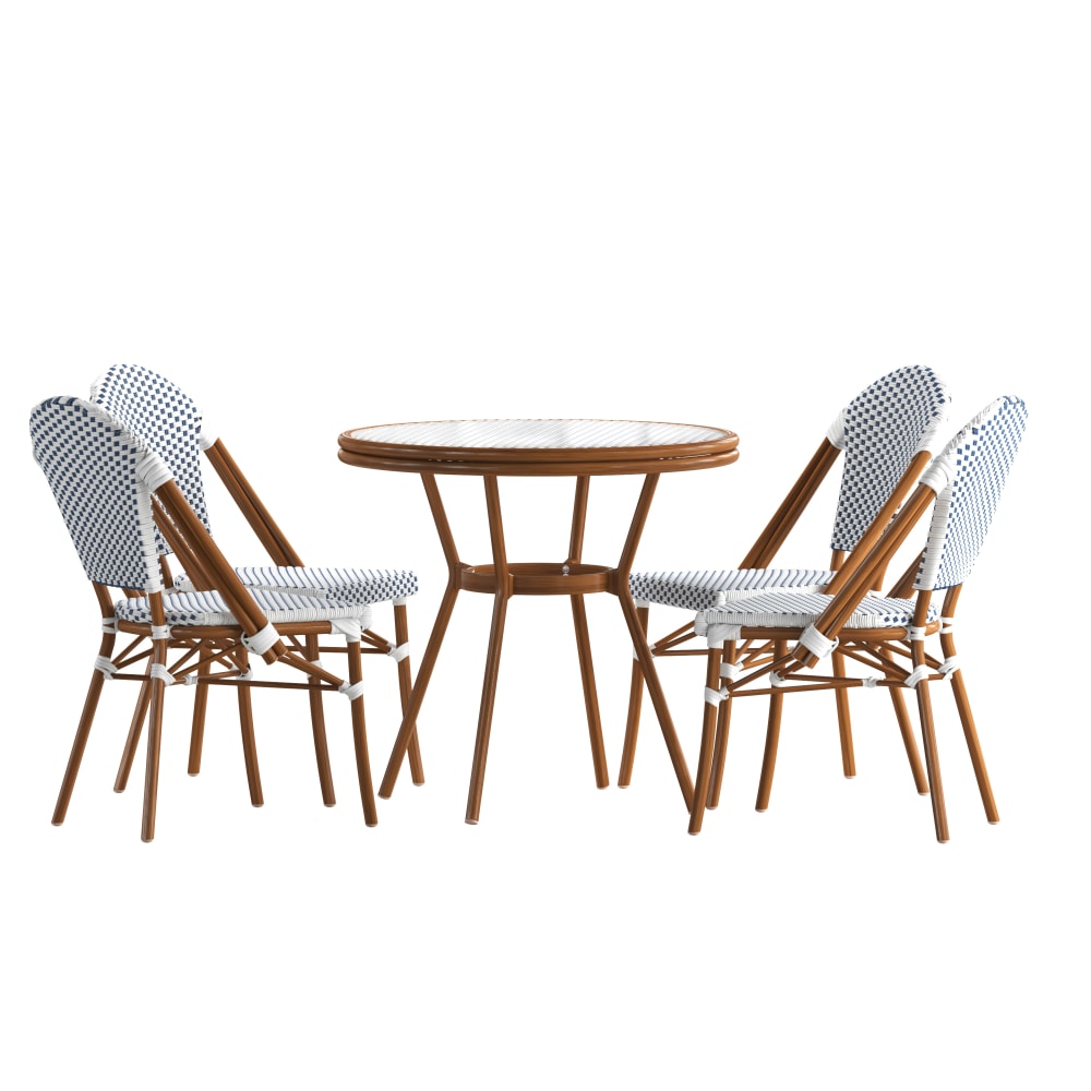 Flash Furniture Lourdes Indoor/Outdoor Commercial Bistro 31.5in Table, PE Rattan, Glass Top with 4 Stack Chairs, White & Navy Rattan/Natural Frame MPN:SDA64280401FWNN