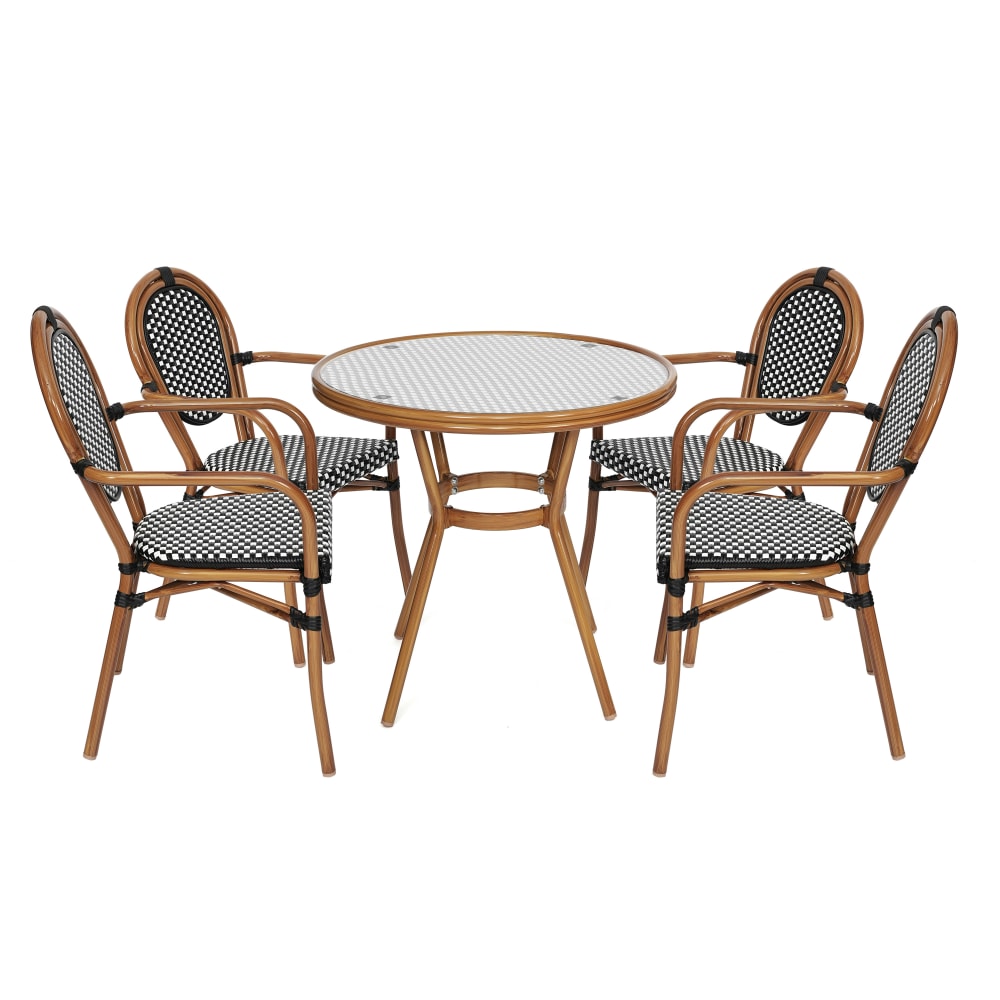 Flash Furniture Lourdes Indoor/Outdoor Commercial Bistro 31.5in Table, 4 Stack Chairs, Black & White Rattan/Natural Frame, SDA64280402ABWN MPN:SDA64280402ABWN