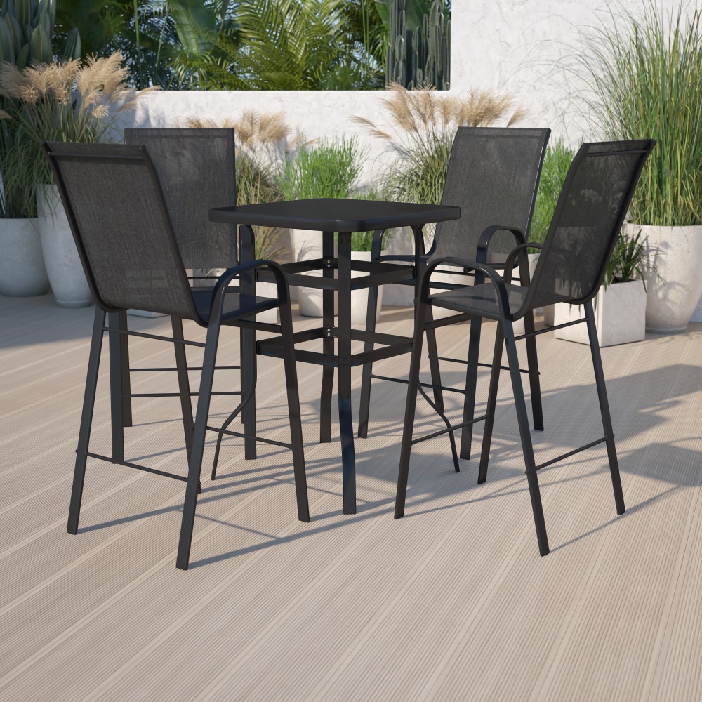 Flash Furniture Brazos 4-Person Glass-Table Outdoor Bistro Dining Set With All-Weather Patio Stools, Black MPN:TLH073H092H4B