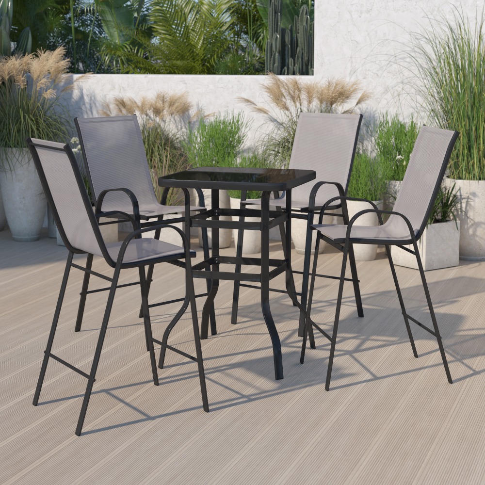 Flash Furniture Brazos 4-Person Glass-Table Outdoor Bistro Dining Set With All-Weather Patio Stools, Gray MPN:TLH073H092H4GR