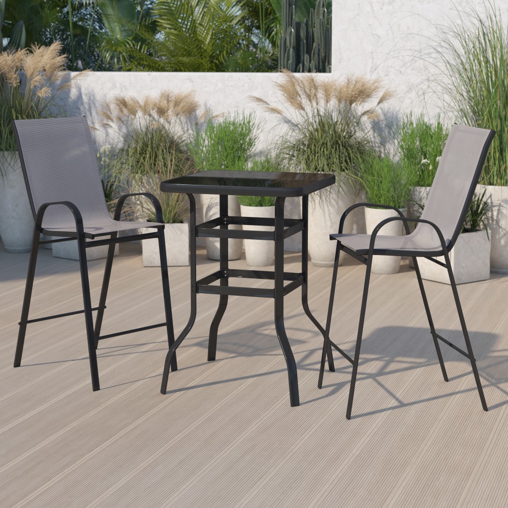Flash Furniture Brazos 2-Person Glass-Table Outdoor Bistro Dining Set With All-Weather Patio Stools, Gray MPN:TLH073H092HGR