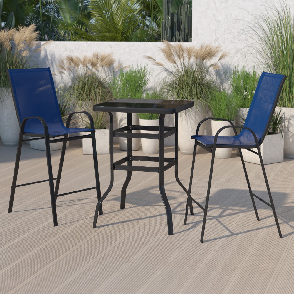 Flash Furniture Brazos 2-Person Glass-Table Outdoor Bistro Dining Set With All-Weather Patio Stools, Navy MPN:TLH073H092HNV