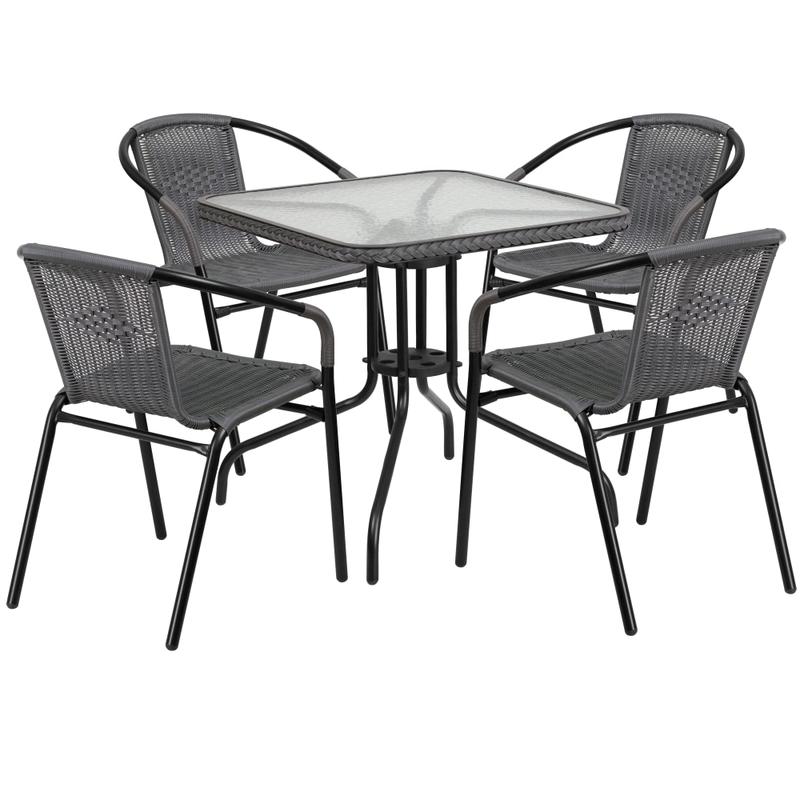 Flash Furniture Square Glass And Metal Table With 4 Rattan Stack Chairs, 28in, Clear/Gray MPN:TLH073SQ037GY4