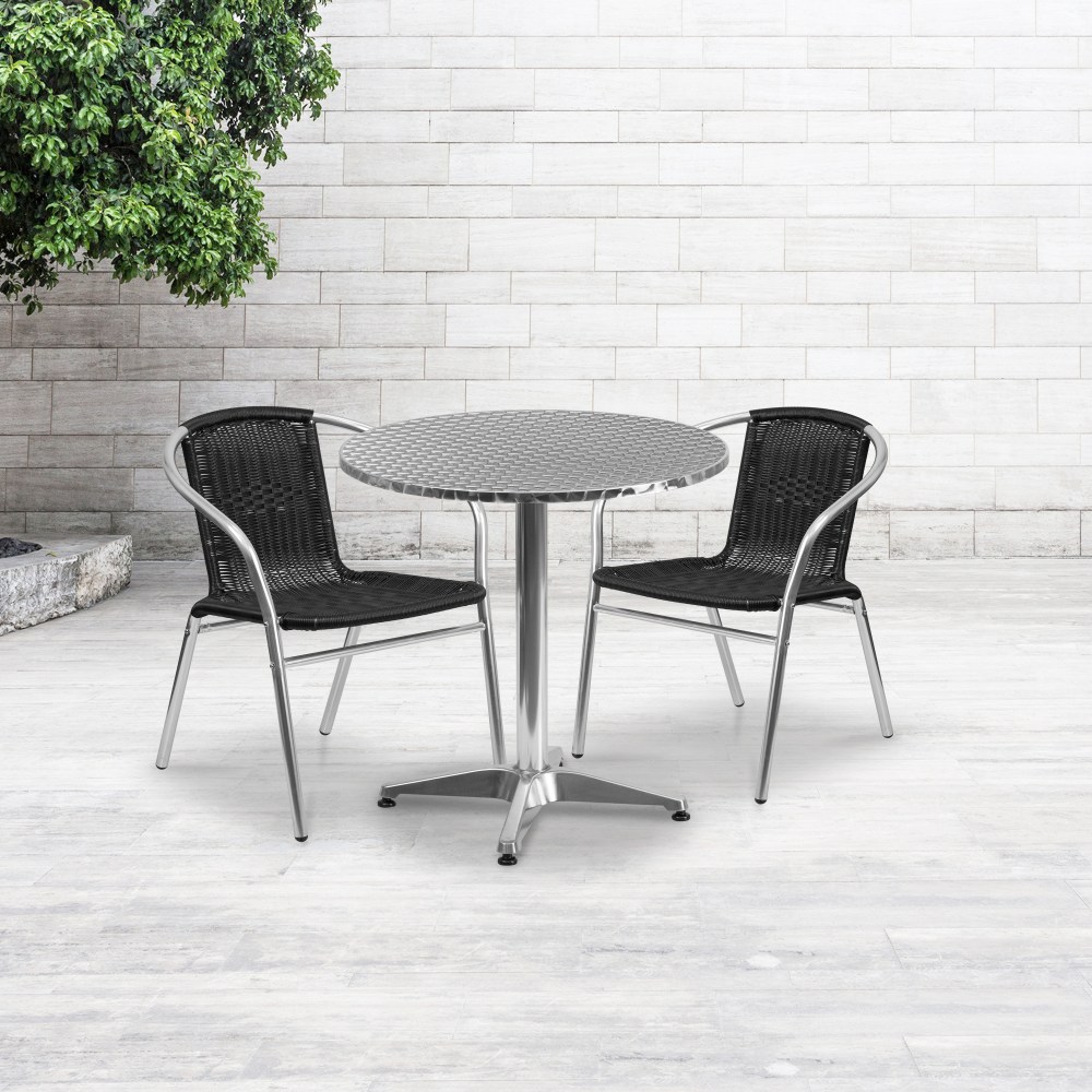 Flash Furniture Lila 3-Piece 27-1/2in Round Aluminum Indoor/Outdoor Table Set With Rattan Chairs, Black MPN:TLH28RD020BKCH2