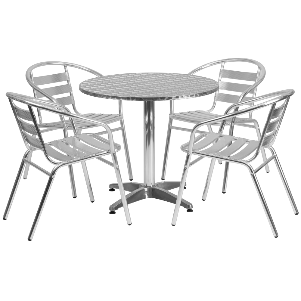 Flash Furniture Round Aluminum Indoor/Outdoor Table Set With 4 Slat-Back Chairs, 27-1/2inH x 31-1/2inW x 31-1/2inD, Aluminum MPN:TLH32RD017BCHR4