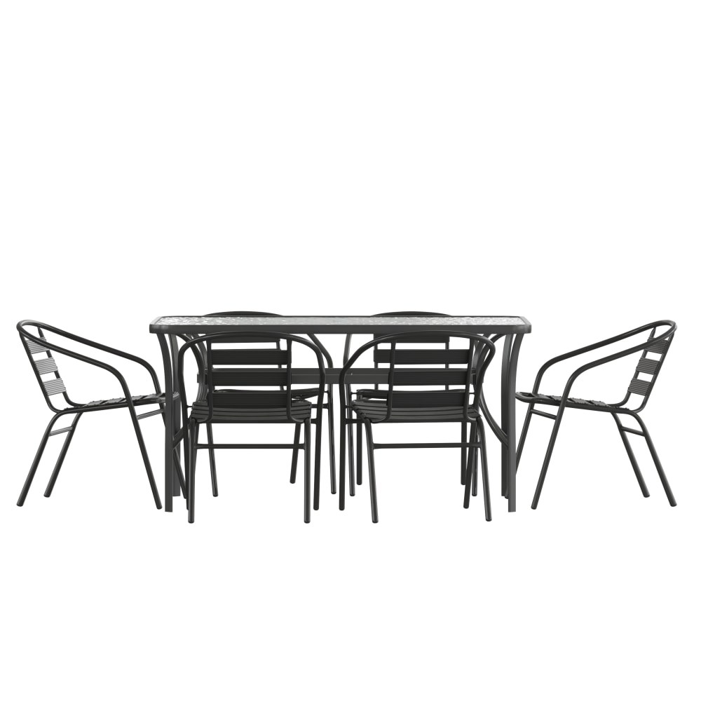 Flash Furniture Lila 7 Piece Commercial Outdoor Patio Dining Set with Tempered Glass Patio Table with Umbrella Hole and 6 Triple Slat Chairs, Black MPN:TLH94B017CBK