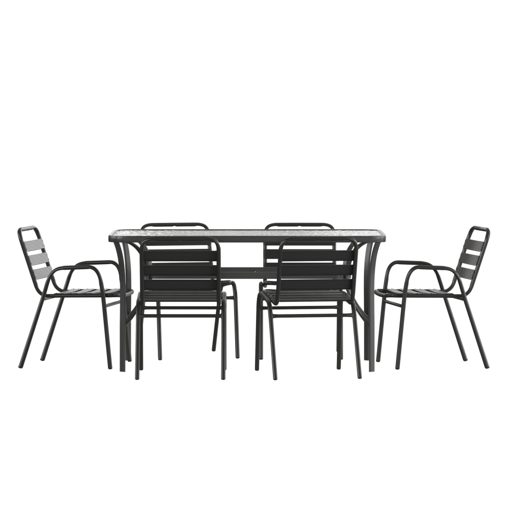 Flash Furniture Lila 7 Piece Commercial Outdoor Patio Dining Set with Glass Patio Table, Black - TLH94B01815CBK MPN:TLH94B01815CBK