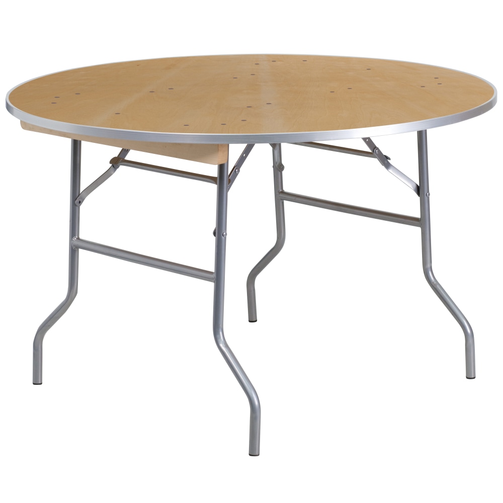 Flash Furniture Round Heavy-Duty Birchwood Folding Banquet Table, 30inH x 48inW x 48inD, Natural/Silver MPN:XA48BIRCHM
