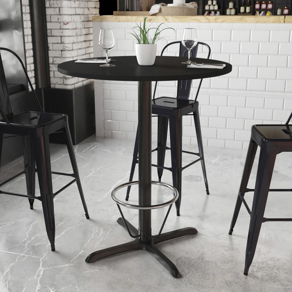 Flash Furniture Round Laminate Table Top With Bar Height Table Base And Foot Ring, 43-3/16inH x 36inW x 36inD, Black MPN:XURD36BKT30B3F