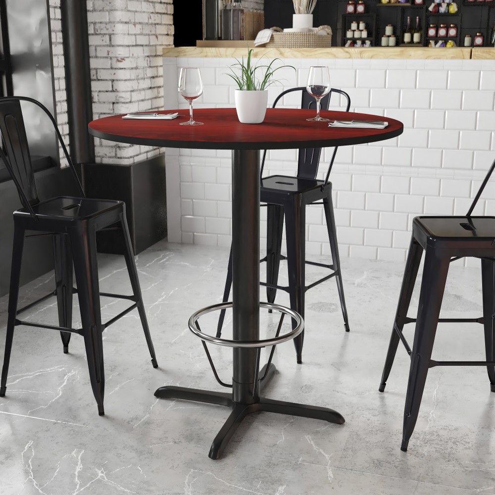Flash Furniture Laminate Round Table Top With Bar-Height Base And Foot Ring, 43-1/8inH x 42inW x 42inD, Mahogany/Black MPN:XURD42MAT33B4F