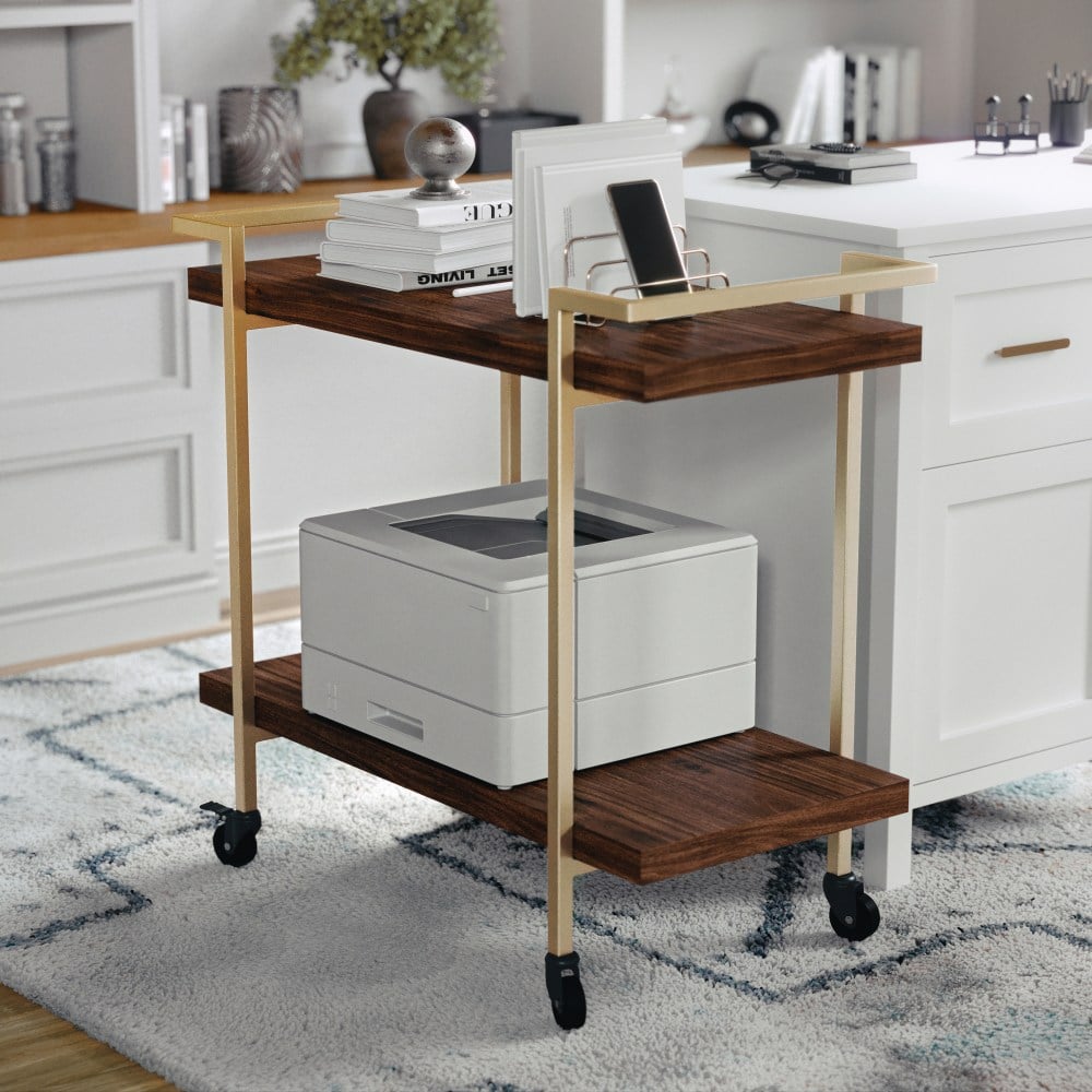 Martha Stewart Liam 2-Tier Office Storage And Printer Cart, Walnut/Polished Brass MPN:NANJH17107BRGLD